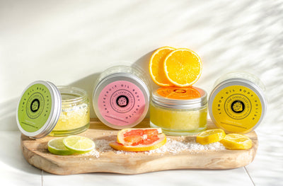 Organic Body Polisg Collection containing four organic citrus and sea salt body polishes